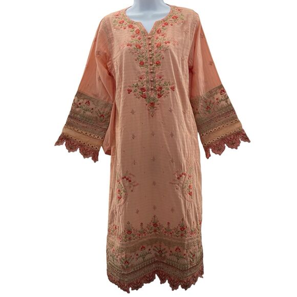Bin Saeed Lawn Size M Cotton Embroidered Dress Pakistani Salwar Kameez Peach - Picture 1 of 9